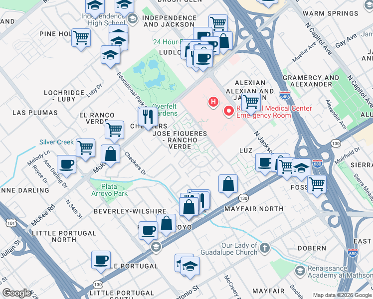 map of restaurants, bars, coffee shops, grocery stores, and more near 299 Cartago Court in San Jose