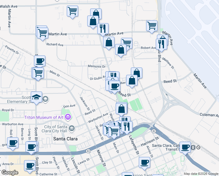 map of restaurants, bars, coffee shops, grocery stores, and more near 2012 Lafayette Street in Santa Clara