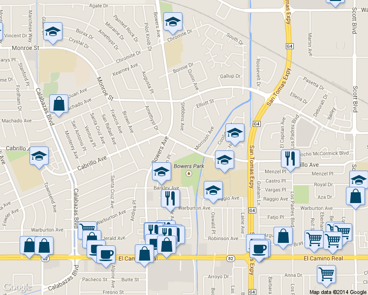 map of restaurants, bars, coffee shops, grocery stores, and more near 2066 Clark Avenue in Santa Clara