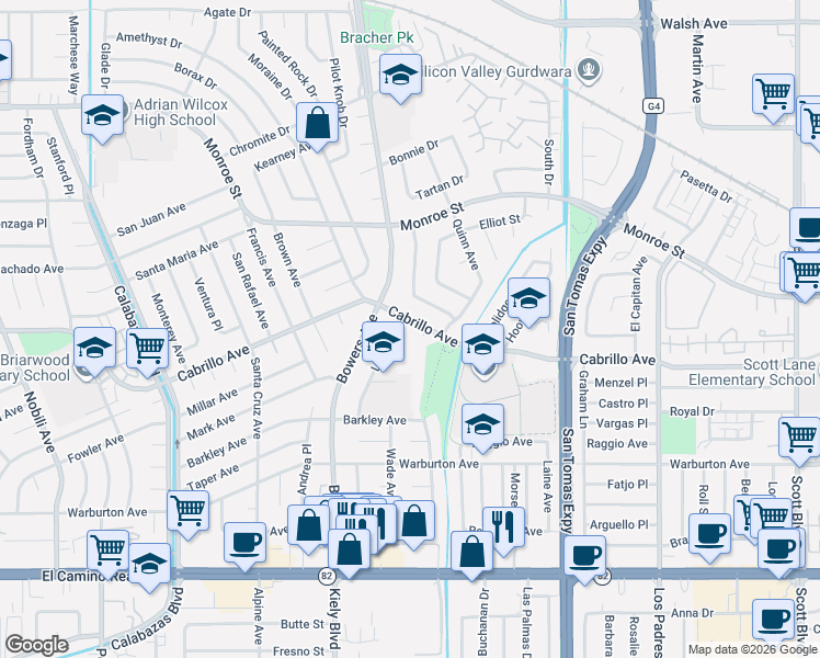 map of restaurants, bars, coffee shops, grocery stores, and more near 2066 Clark Avenue in Santa Clara