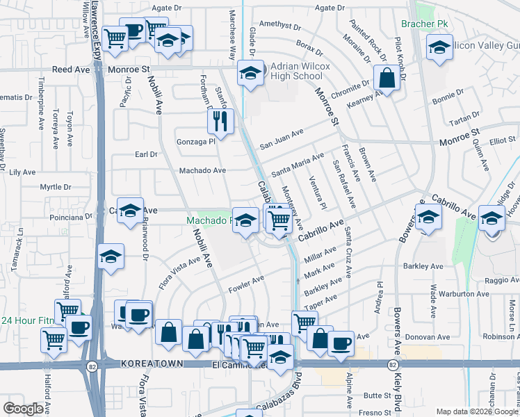 map of restaurants, bars, coffee shops, grocery stores, and more near 2088 Calabazas Boulevard in Santa Clara