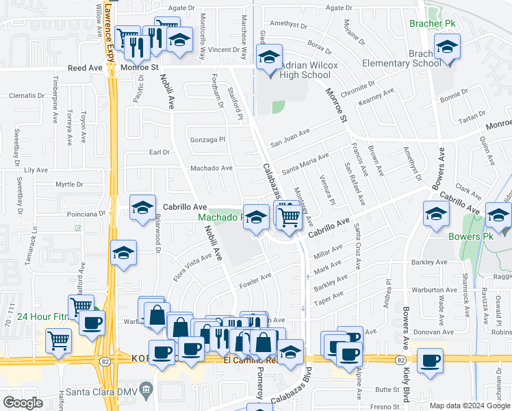map of restaurants, bars, coffee shops, grocery stores, and more near 3335 Saint Ignatius Place in Santa Clara