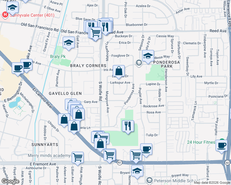 map of restaurants, bars, coffee shops, grocery stores, and more near 848 Pagoda Tree Court in Sunnyvale