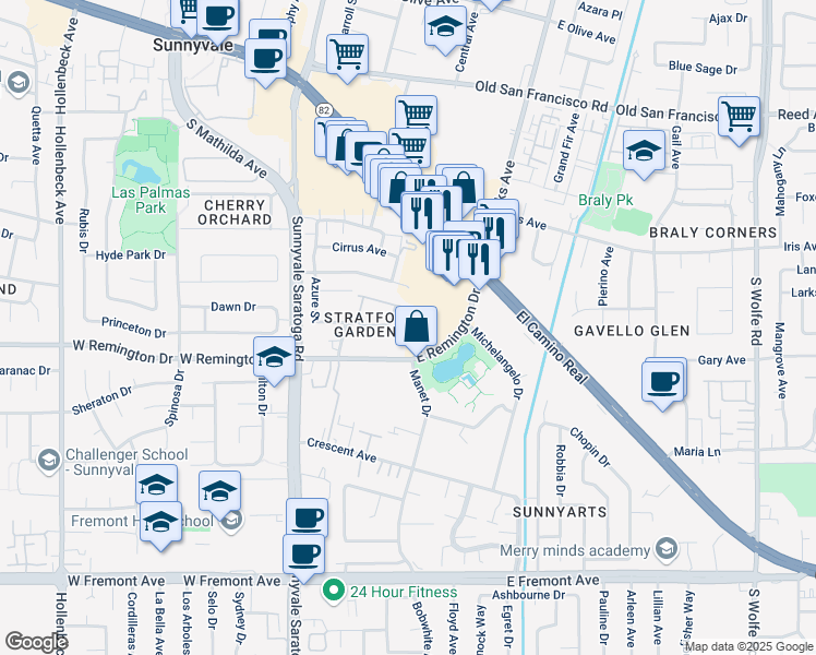map of restaurants, bars, coffee shops, grocery stores, and more near 438 Ives Terrace in Sunnyvale
