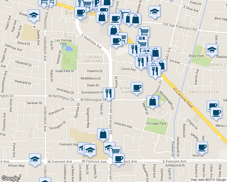 map of restaurants, bars, coffee shops, grocery stores, and more near 501 Dawn Drive in Sunnyvale