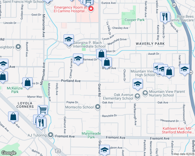 map of restaurants, bars, coffee shops, grocery stores, and more near 3565 Grant Road in Mountain View