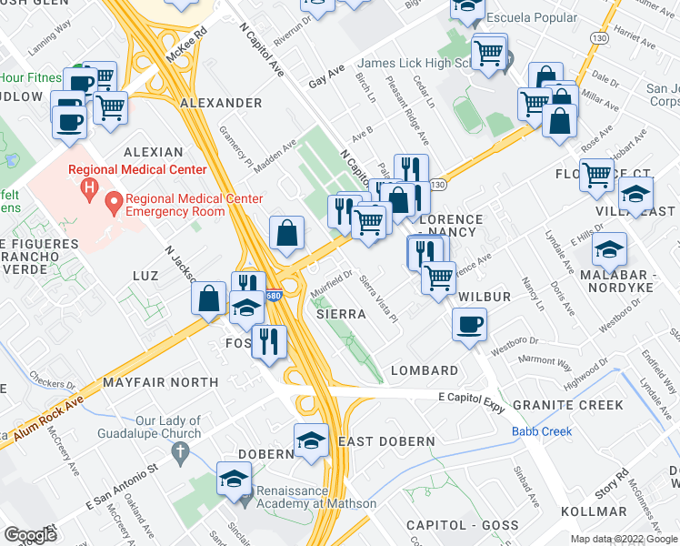 map of restaurants, bars, coffee shops, grocery stores, and more near 59 Muirfield Court in San Jose