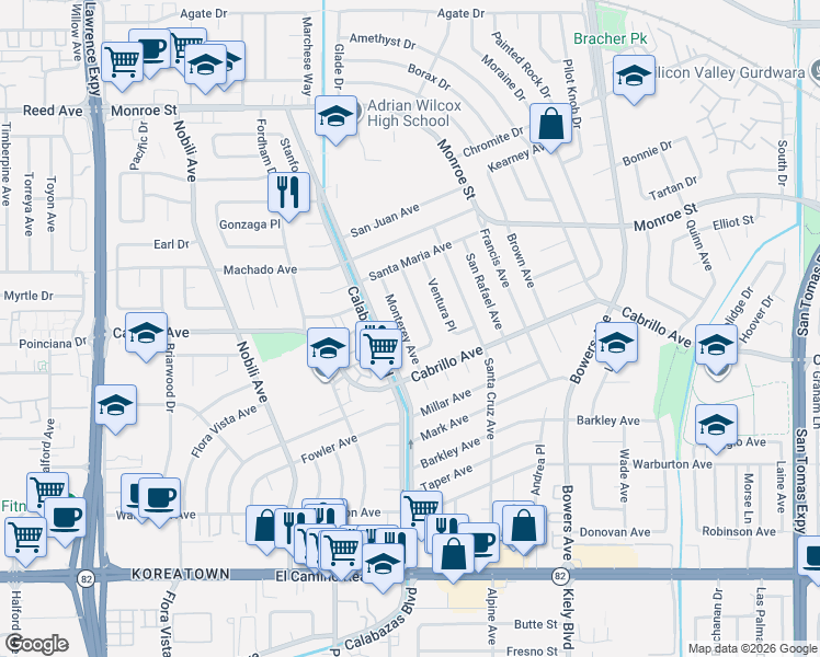map of restaurants, bars, coffee shops, grocery stores, and more near 2155 Monterey Avenue in Santa Clara