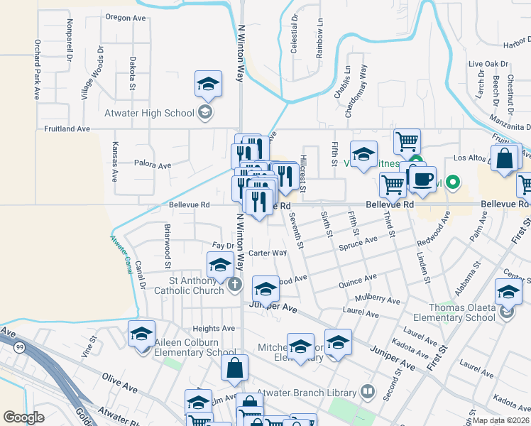 map of restaurants, bars, coffee shops, grocery stores, and more near 1814 Bellevue Road in Atwater