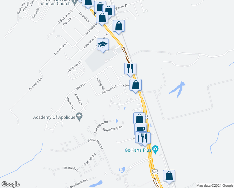 map of restaurants, bars, coffee shops, grocery stores, and more near 804 Rustads Circle in Williamsburg