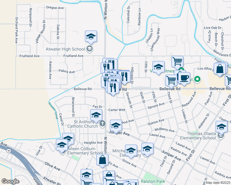 map of restaurants, bars, coffee shops, grocery stores, and more near 1675 Bellevue Road in Atwater