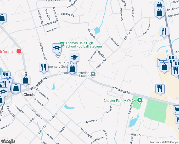 map of restaurants, bars, coffee shops, grocery stores, and more near 3350 Grove Avenue in Chester