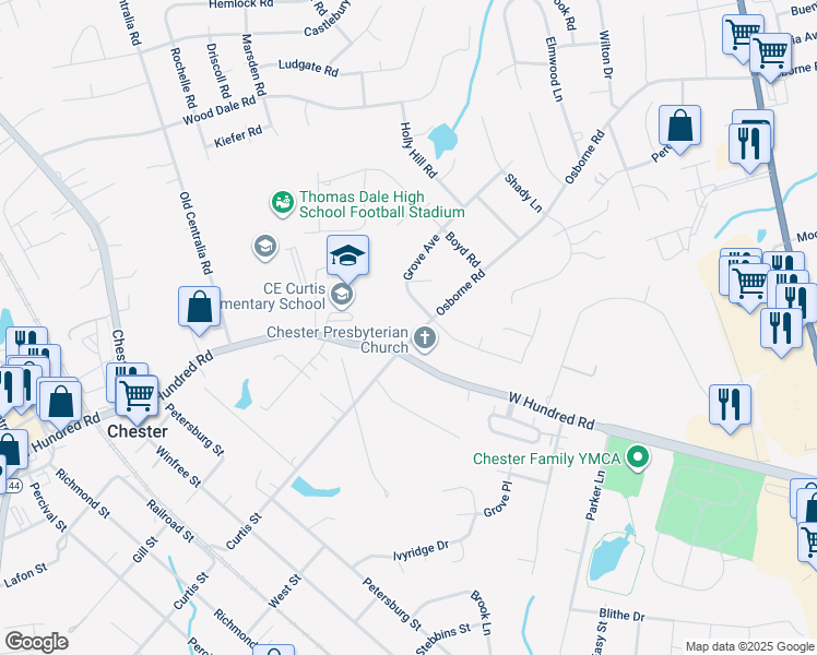 map of restaurants, bars, coffee shops, grocery stores, and more near 3420 Osborne Road in Chester