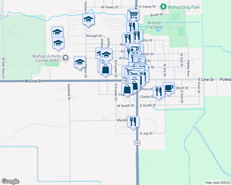 map of restaurants, bars, coffee shops, grocery stores, and more near 200-266 S Fowler St in Bishop