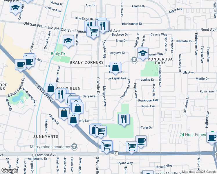 map of restaurants, bars, coffee shops, grocery stores, and more near 869 Oracle Oak Place in Sunnyvale