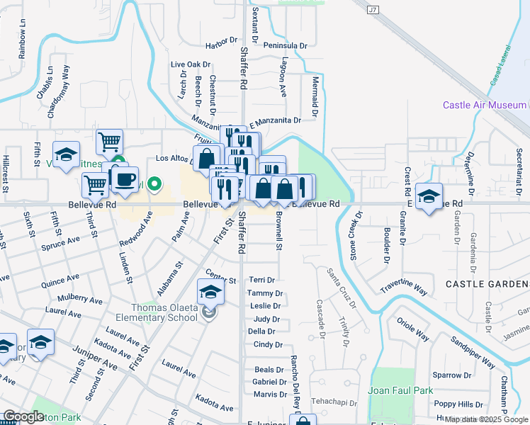 map of restaurants, bars, coffee shops, grocery stores, and more near 198 East Bellevue Road in Atwater