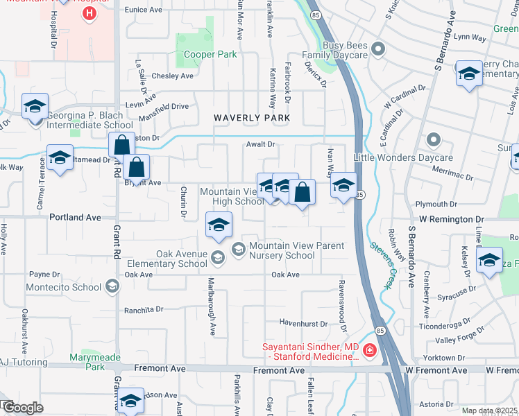 map of restaurants, bars, coffee shops, grocery stores, and more near 3440 Truman Avenue in Mountain View