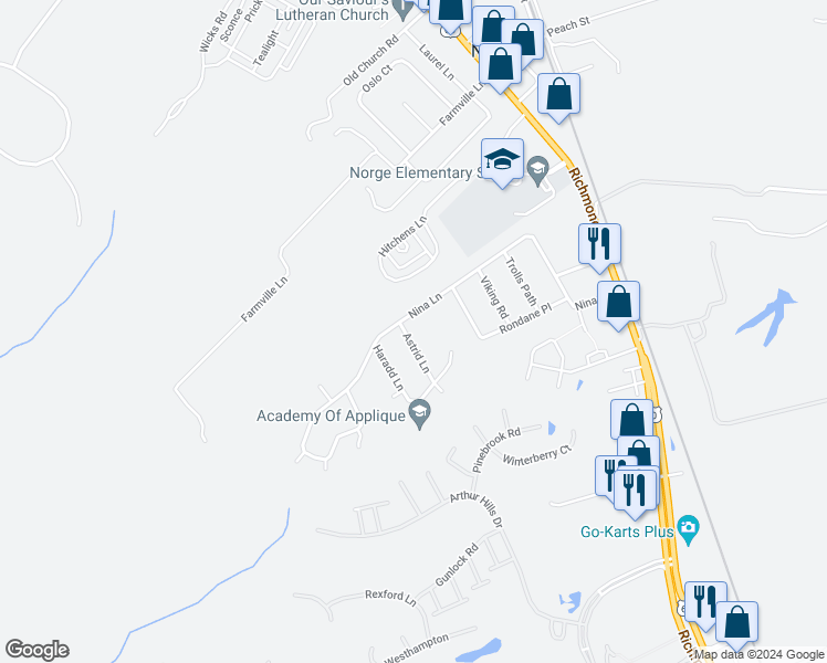 map of restaurants, bars, coffee shops, grocery stores, and more near 104 Astrid Lane in Williamsburg