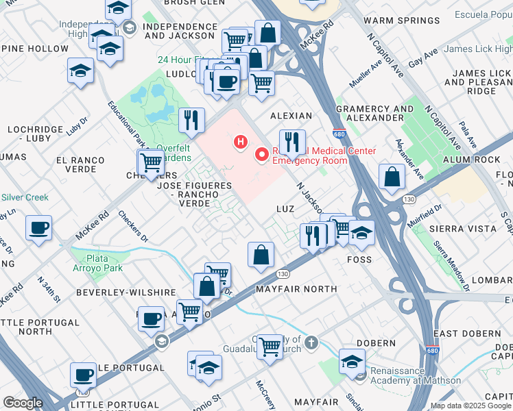 map of restaurants, bars, coffee shops, grocery stores, and more near 194 Jose Figueres Avenue in San Jose