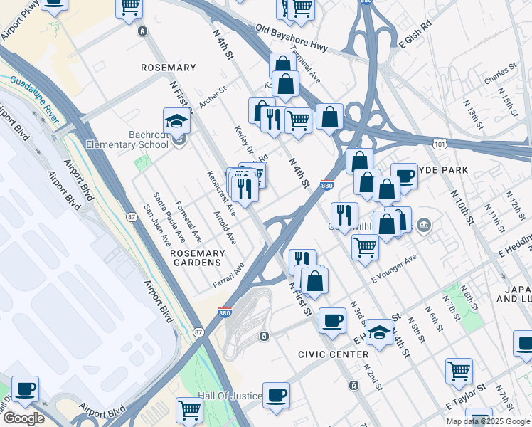 map of restaurants, bars, coffee shops, grocery stores, and more near 1310 North 1st Street in San Jose