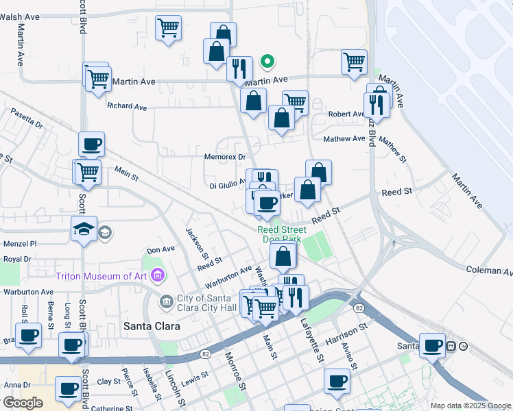 map of restaurants, bars, coffee shops, grocery stores, and more near 2012 Lafayette Street in Santa Clara