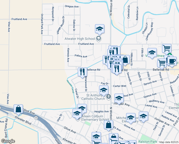 map of restaurants, bars, coffee shops, grocery stores, and more near 2180 Bellevue Road in Atwater