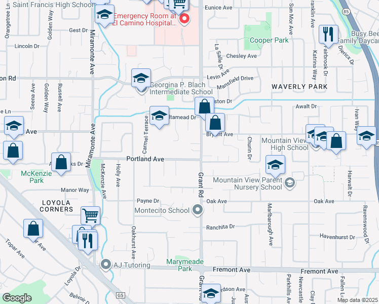 map of restaurants, bars, coffee shops, grocery stores, and more near 1284 Paula Court in Los Altos