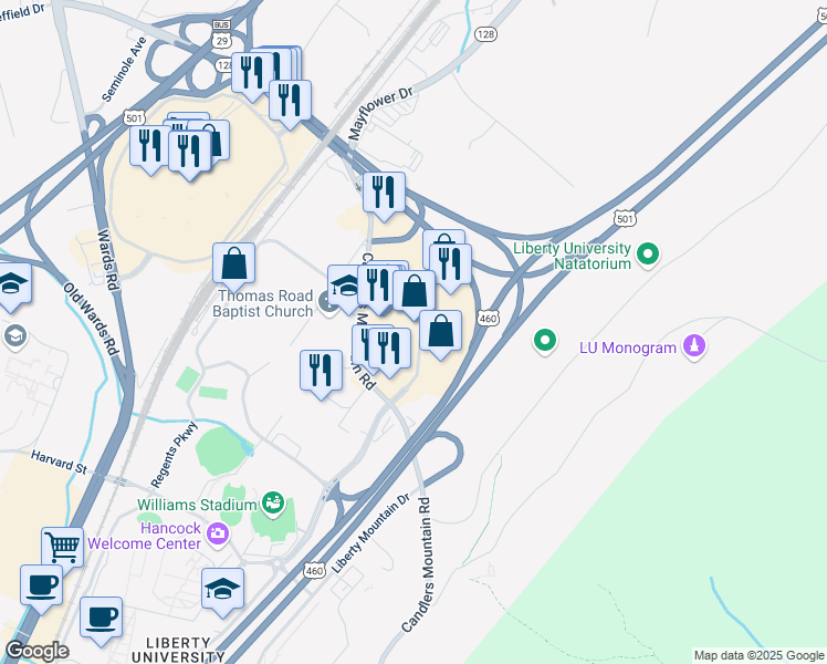 map of restaurants, bars, coffee shops, grocery stores, and more near 138 Montview Forest Drive in Lynchburg