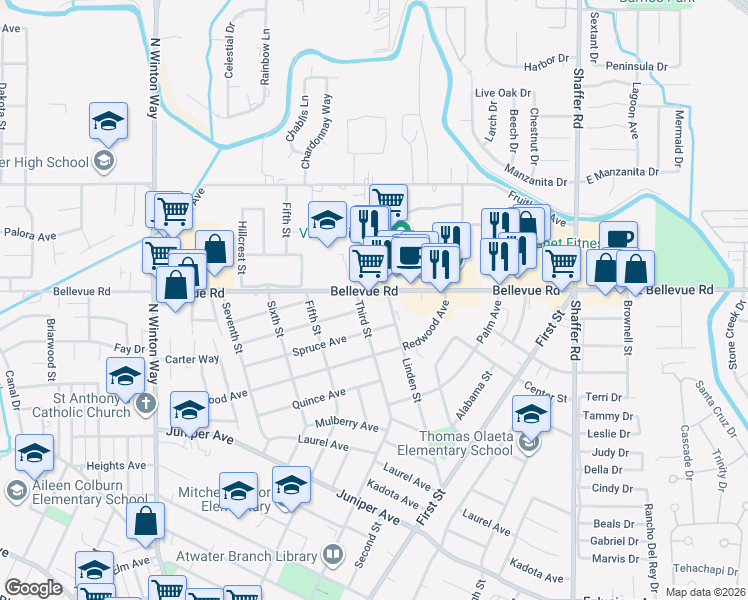 map of restaurants, bars, coffee shops, grocery stores, and more near 1150 Bellevue Road in Atwater