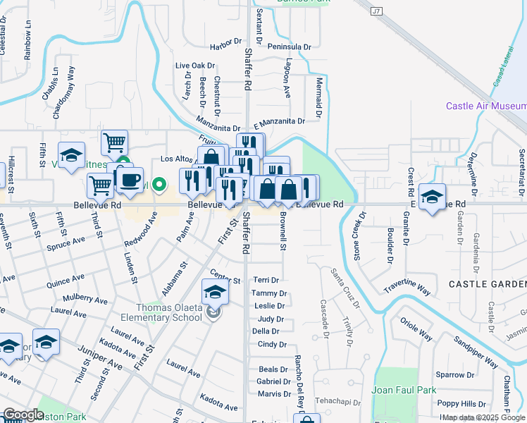 map of restaurants, bars, coffee shops, grocery stores, and more near 198 East Bellevue Road in Atwater