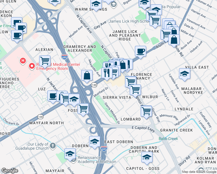 map of restaurants, bars, coffee shops, grocery stores, and more near 2 Muirfield Drive in San Jose