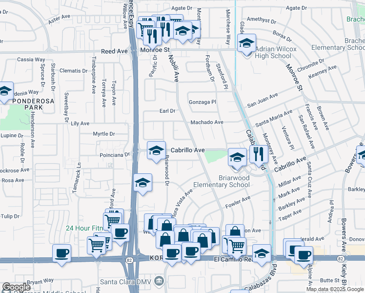 map of restaurants, bars, coffee shops, grocery stores, and more near 3469 Cabrillo Avenue in Santa Clara
