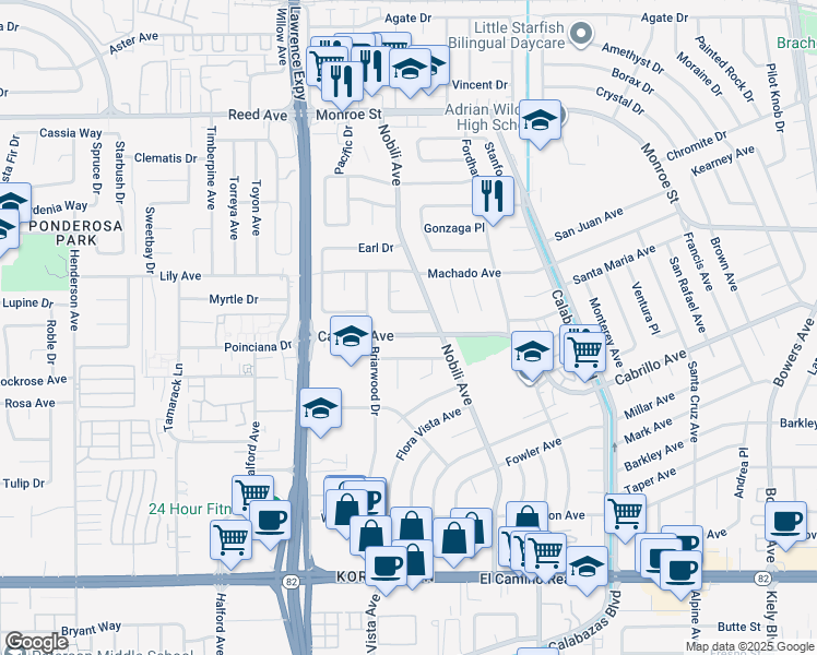 map of restaurants, bars, coffee shops, grocery stores, and more near 3469 Cabrillo Avenue in Santa Clara
