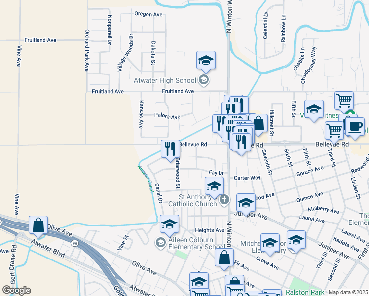 map of restaurants, bars, coffee shops, grocery stores, and more near 2184 Bellevue Road in Atwater