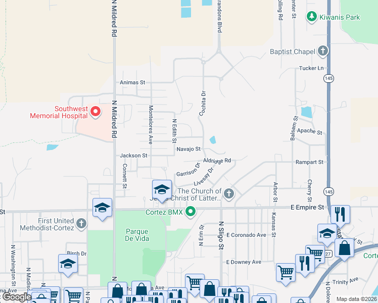 map of restaurants, bars, coffee shops, grocery stores, and more near 1410 Navajo Street in Cortez