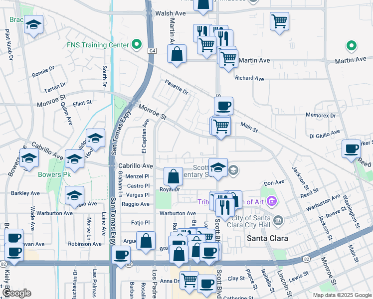 map of restaurants, bars, coffee shops, grocery stores, and more near 2171 Rancho McCormick Boulevard in Santa Clara