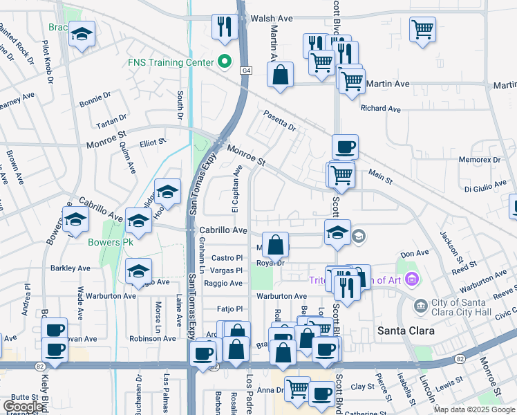 map of restaurants, bars, coffee shops, grocery stores, and more near 2076 Los Padres Boulevard in Santa Clara