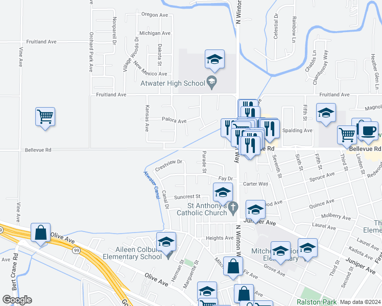 map of restaurants, bars, coffee shops, grocery stores, and more near 2202 Bellevue Road in Atwater