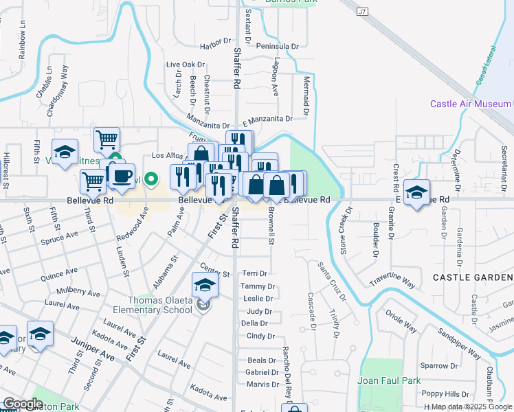 map of restaurants, bars, coffee shops, grocery stores, and more near 232 East Bellevue Road in Atwater
