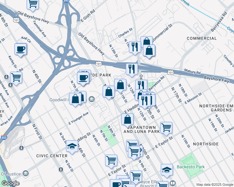 map of restaurants, bars, coffee shops, grocery stores, and more near 484 Horning Street in San Jose