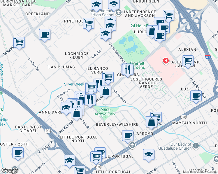 map of restaurants, bars, coffee shops, grocery stores, and more near 303 Checkers Drive in San Jose
