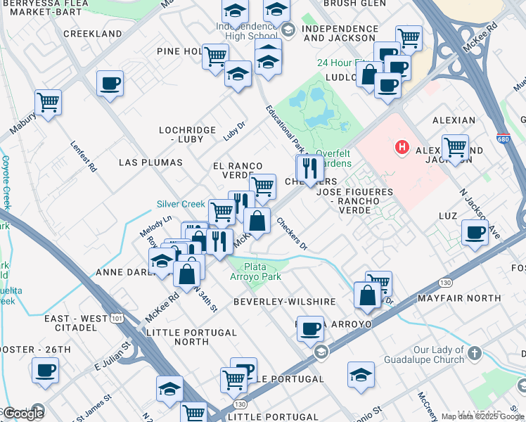 map of restaurants, bars, coffee shops, grocery stores, and more near 303 Checkers Drive in San Jose