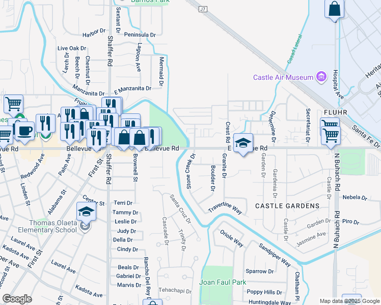 map of restaurants, bars, coffee shops, grocery stores, and more near 2691 Stone Creek Drive in Atwater