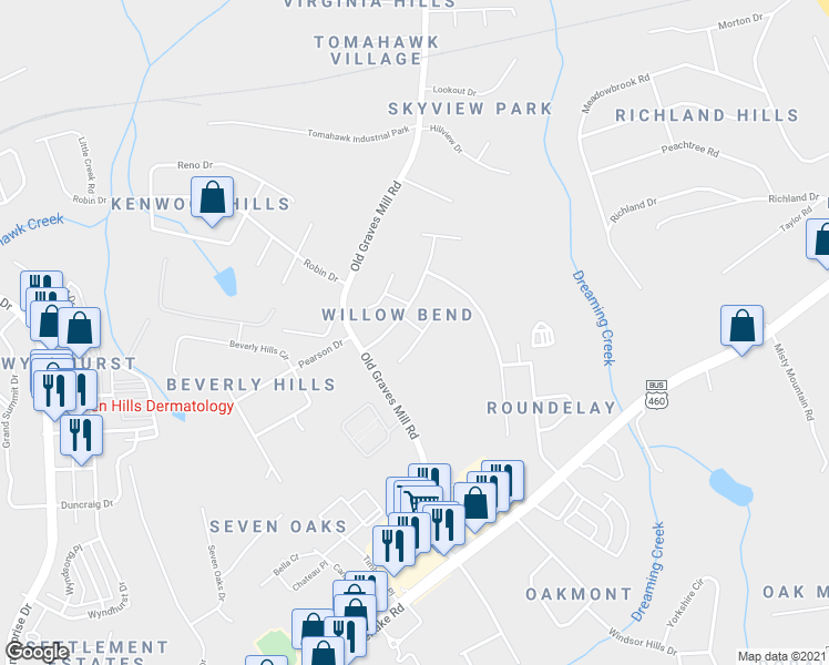 map of restaurants, bars, coffee shops, grocery stores, and more near 111 Whispering Pines Court in Lynchburg