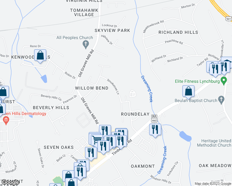 map of restaurants, bars, coffee shops, grocery stores, and more near 322 Smoketree Lane in Lynchburg