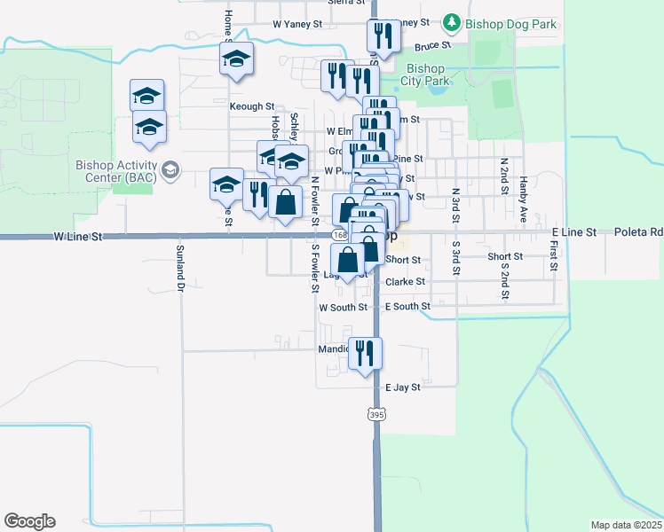 map of restaurants, bars, coffee shops, grocery stores, and more near 200-266 South Fowler Street in Bishop