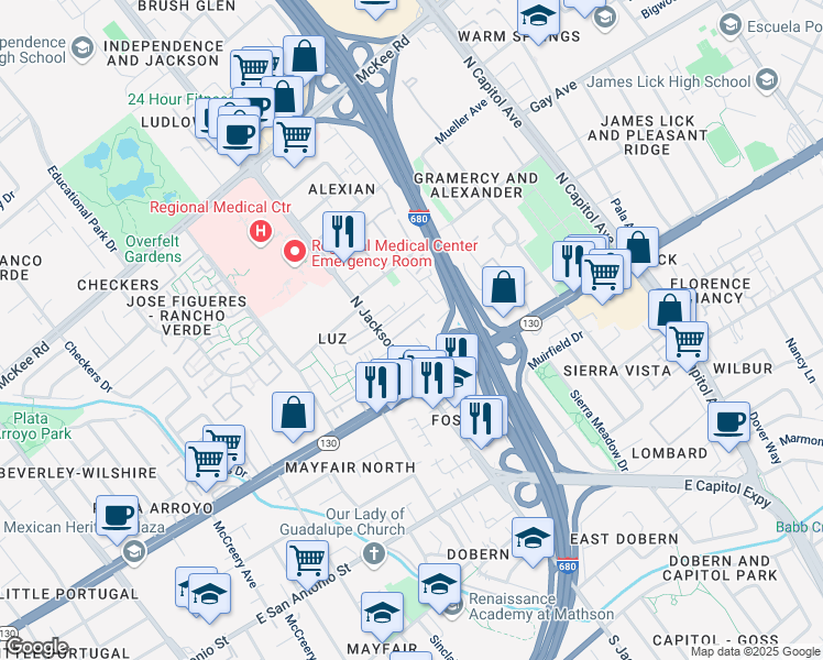 map of restaurants, bars, coffee shops, grocery stores, and more near 36 North Jackson Avenue in San Jose