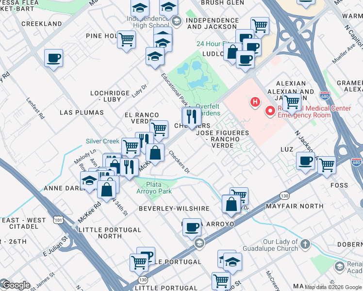 map of restaurants, bars, coffee shops, grocery stores, and more near 307 Turquesa Court in San Jose