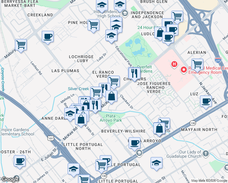 map of restaurants, bars, coffee shops, grocery stores, and more near 313 Checkers Drive in San Jose