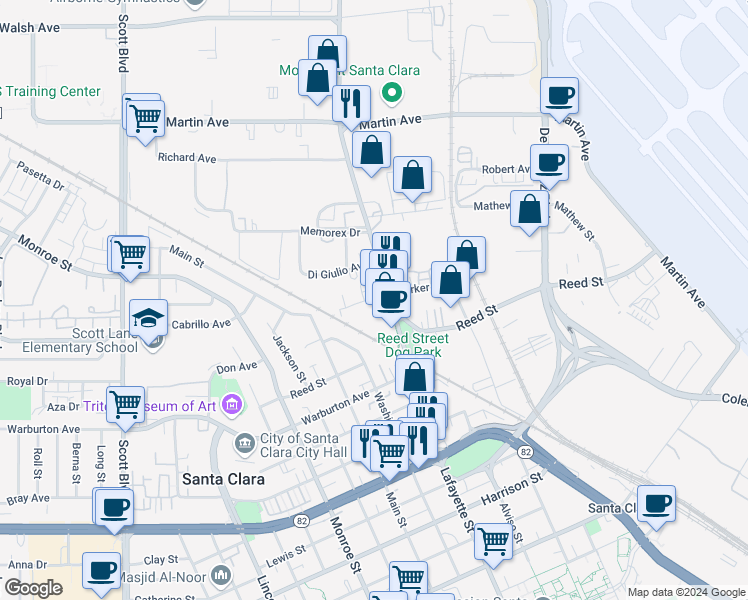 map of restaurants, bars, coffee shops, grocery stores, and more near 2012 Lafayette Street in Santa Clara